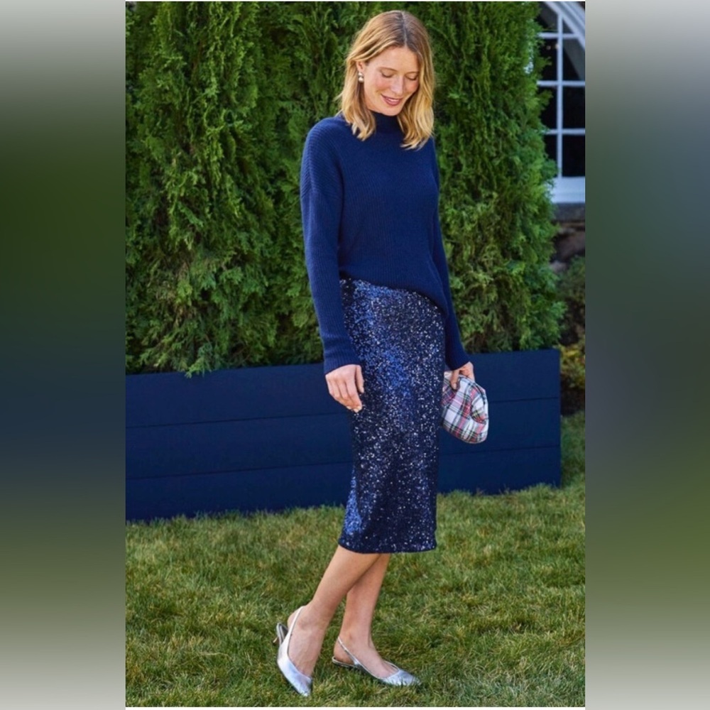 Vineyard Vines Navy Sequin Midi Pencil Lined Skirt Women XXS 23”W MSRP $198